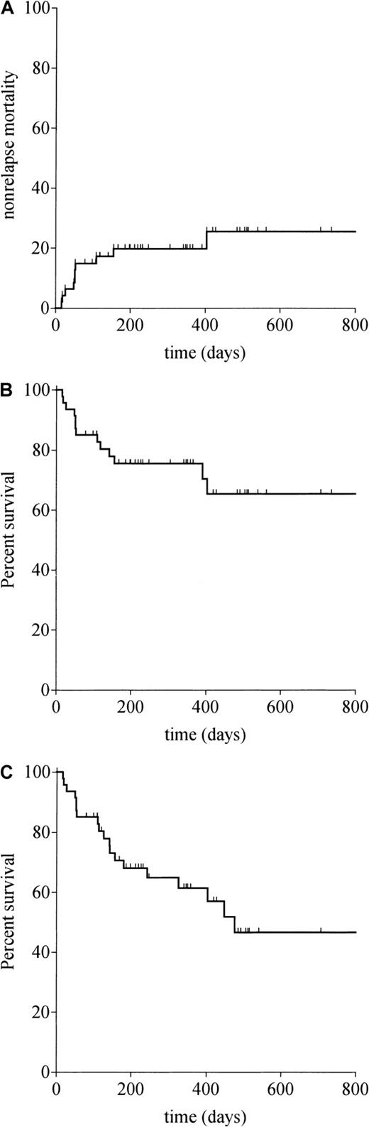Fig. 1. Survival probabilities according to Kaplan-Meier curves. / (A) Nonrelapse mortality. (B) Overall survival. (C) Progression-free survival.