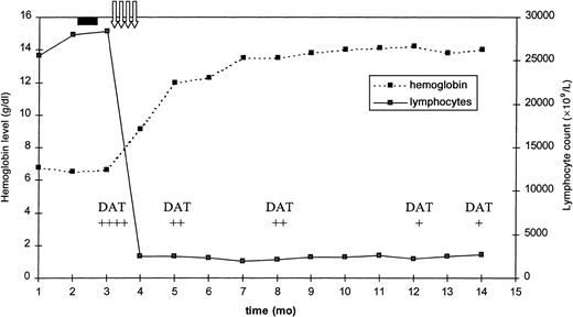 Fig. 1. Changes in hemoglobin level, lymphocyte count, and DAT score following rituximab therapy. / The solid black rectangle indicates prednisone therapy; the vertical arrows, rituximab therapy; and DAT, direct antiglobulin test.
