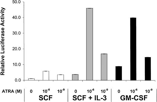 Fig. 7. Cytokines regulate endogenous RAR activity in cultured hematopoietic precursors. / The lin− c-kit+ Sca-1+hematopoietic precursors were isolated from normal mouse bone marrow and cultured in liquid suspension as detailed in “Materials and methods.” After 21 days these cells were washed and then cultured for an additional 2 days in either SCF alone, SCF plus IL-3, or GM-CSF alone as indicated. These different cytokine-stimulated cells were then transfected with the RXR/RAR-responsive RARE tk-LUC reporter and cultured for an additional 5 hours in the presence or absence of the indicated concentration of ATRA. Relative luciferase activity was then determined on harvested cell extracts using a β-galactosidase reporter as an internal control.