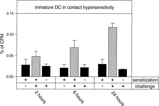 Fig. 3. Time course of immigration of immature DCs into hapten-challenged ears in an evolving allergic contact hypersensitivity reaction. / 51Cr-labeled DCs from untreated donor Balb/c mice were injected into the tail vein of differentially treated recipients of the same strain. After 6 hours mice were killed and the accumulation of radioactivity in organs was measured in a γ counter. Y-axis (percent of cpm) refers to radioactivity in the ear with respect to the radioactivity of all harvested organs set as 100%. Recipient mice were sensitized on the shaved abdomen (+) or left untreated (−) as indicated. Seven days later, one ear was challenged with hapten (+) 2, 6, or 24 hours before injection of DCs. The untreated ears from sensitized mice served as negative controls (−) and are shown in the first column of each set. The hatched bars represent measured radioactivity in sensitized and challenged ears. Specific homing to hapten-challenged ears was statistically significant at 6 and 24 hours (P < .001).