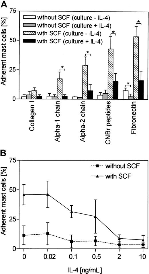 Fig. 3. Effect of preincubation with IL-4 on mast cell adhesion. / (A) Adhesion of mast cells precultured with SCF alone (as in Figure 1A) compared with mast cells precultured with IL-4 in addition to SCF (indicated in brackets). Adhesion assays were carried out in the presence or absence of 100 ng/mL (54 nM) SCF. Means ± SD are shown (n = 4). *P < .05 for significant difference (2-tailed paired t test) between mast cells precultured with SCF alone or with SCF and IL-4. (B) Dose dependency of the effect of IL-4. Mast cells were precultured for 14 days with various concentrations of IL-4 (in addition to SCF) indicated on the x-axis. Adhesion assays were carried out in the presence or absence of 100 ng/mL (54 nM) SCF. Results represent the mean ± SD of 3 experiments.
