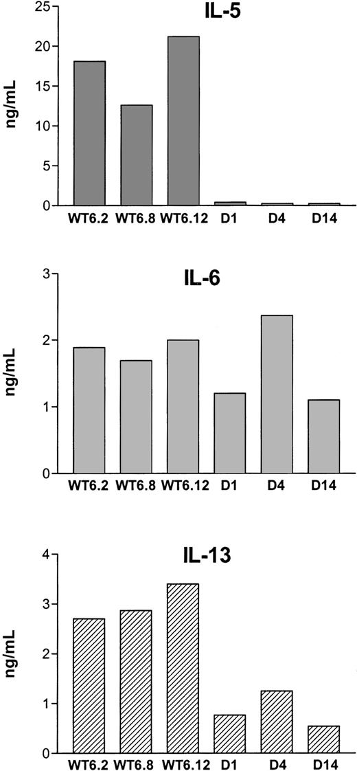 Fig. 4. Mediation of IL-5 production in MF tumor cells. / IL-5 production in MF tumor cells is mediated through constitutively activated Stat3. Cytokine production in MF cells transfected with Stat3WT or Stat3D was measured by ELISA. The data are representative of 3 independent experiments.