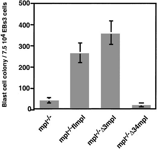 Fig. 3. Mpl−/− flmpl ES cell–derived blast cell colonies develop in the presence of PEG-rhuMGDF. / The Δ3 region is dispensable for this effect. EBs3 derived from mpl−/−, mpl−/− flmpl, mpl−/−Δ3mpl, or mpl−/− Δ34mpl ES cells were dissociated and plated for blast cell colony assay in the absence of VEGF and in the presence of PEG-rhuMGDF. Values represent the mean of duplicate dishes in 3 independent experiments.