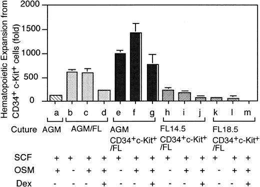 Fig. 3. Expansion of AGM- or FL-derived CD34+/c-Kit+ cells in the FL microenvironment. / CD34+/c-Kit+ cells were sorted from E11.5 AGM, E14.5 FL, or E18.5 FL and cultured in the E14.5 FL microenvironment. The number of GFP+ floating cells generated over the stromal layer was counted by FACS on day 10. Under these culture conditions, 40% to 80% of floating cells were GFP+. Results are shown as fold expansion relative to the number of input CD34+/c-Kit+ cells in each culture condition. (Lane a) Whole AGM cells from 3 embryos containing 1.8 × 104 CD34+/c-Kit+ cells were cultured in the microenvironment created by the AGM cells. (Lanes b-d) Whole AGM cells (1 × 105) containing 2 × 103 CD34+/c-Kit+ cells were cocultured in the FL microenvironment in the presence of various factors, as indicated. (Lanes e-m) CD34+/c-Kit+cells (2 × 103) from different sources were cultured in the FL microenvironment under various culture conditions. Data shown are the mean ± SD of at least triplicate experiments.
