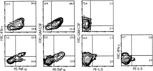 Fig. 3. Intracellular cytokine accumulation in CD161+ NK cells from cultures of Lin− cells with IL-2 to determine the proportion of cells capable of cytokine production, and cytokine production by distinct subsets. / Umbilical cord blood 10-day NK cells (top), and CD3−/CD161+ cells from 30-day primary cultures of Lin− cells with IL-2 and Sl/Sl4hSCF220 feeder cells (bottom) were stimulated (6 hours, 37°C) with PMA and Ca++ ionophore (see “Materials and methods”). Surface phenotype and expression of the indicated cytokines were detected simultaneously (3-color immunofluorescence) on gated CD161+ cells as described in “Materials and methods,” and analyzed as in Figure 2. Percent positive cells is indicated in each quadrant. Experiment representative of at least 4 performed with similar results with each Ab combination.