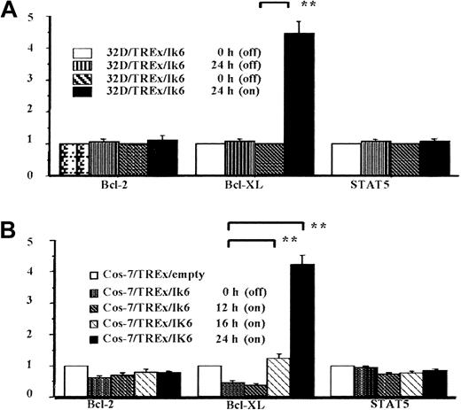 Fig. 5. Semiquantification of Bcl-2, Bcl-XL, and STAT5 expression with a densitometric assay based on levels of β-actin expression. / (A) Summary of data for three 32D/TREx/Ik6 clones. Note the more than 4-fold increase in Bcl-XL expression at 24 hours of incubation in the presence of tetracycline (**P < .01). (B) Summary of data for 2 Cos-7/pRC/CMV/Ik2/TREx/Ik6 clones. The increases in Bcl-XL expression at 16 and 24 hours of incubation significantly exceeded the baseline value (0 hour; **P < .001 for both comparisons). Measurements are presented as mean with SEs (bars).