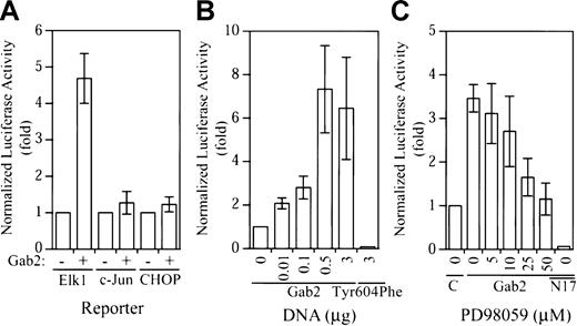 Fig. 3. Selective activation of the Elk1. / trans-reporter activity by Gab2. (A) K562 cells (2 × 106) were transiently transfected with a total of 4.3 μg DNA consisting of 1 μg pFR-luc, 0.2 μg pCMV-βgal, 0.1 μg pFA2-Elk1 (or pFA2-c-Jun, pFA-CHOP as indicated), and 3 μg pcDNA3.1− or pGab2WT+. (B) Cells (2 × 106) were transiently transfected with a total of 4.3 μg DNA consisting of 1 μg pFR-luc, 0.2 μg pCMV-βgal, 0.1 μg pFA2-Elk1, and increasing concentrations of pGab2WT as indicated (total DNA was equalized to 3 μg with pcDNA3.1), or 3 μg Gab2Tyr604Phe. (C) Cells (2 × 106) were transiently transfected with a total of 4.3 μg DNA consisting of 1 μg pFR-luc, 0.2 μg pCMV-βgal, 0.1 μg pFA2-Elk1, and 3 μg pcDNA3.1, 3 μg pGab2WT (Gab2), or 0.5 μg pGab2WT and 2.5 μg pRasN17 (N17). At 18 hours prior to the luciferase assay, the transfected cells were incubated with the indicated concentrations of PD98059 or mock treated with dimethyl sulfoxide (0). At 48 hours after transfection, luciferase activity was determined and normalized to the β-galactosidase activity. Data shown are means and SDs of at least 3 independent experiments performed in duplicate.