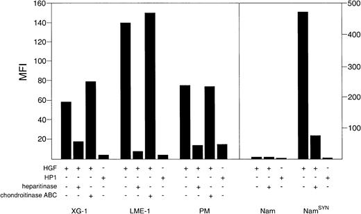 Fig. 4. Syndecan-1 binds HGF by its heparan sulfate side chains. / MM cell lines XG-1 and LME-1 and PM cells, Nam and NamSYN, were analyzed by FACS for their capacity to bind HGF or the HGF mutant HP1. To determine the involvement of HS in HGF binding, cells were treated with either heparitinase or chondroitinase ABC before incubation with HGF. Binding of HGF or HP1 is shown as the mean fluorescence intensity (MFI) of cells incubated with HGF or HP1, washed, and stained with a HGF-specific mAb, minus the MFI of identical cells not incubated with HGF.