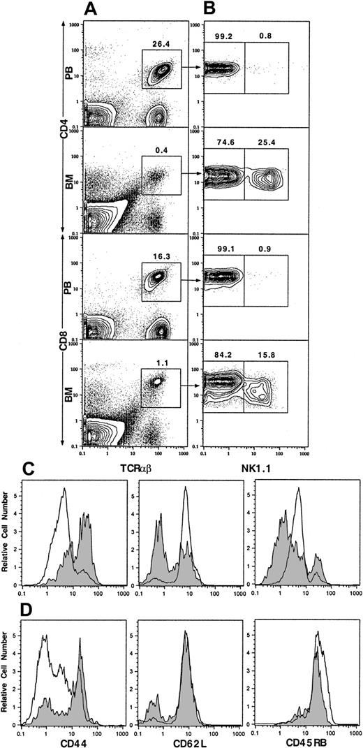 Fig. 1. Two-color flow cytometric analysis of TCRαβ+ T cells from PB and BM of C57BL/6 mice. / (A) Staining of TCRαβ versus CD4 or CD8. (B) The analysis of the gated TCRαβ+CD4+ or TCRαβ+CD8+ cells from panel A for NK1.1 versus CD4 or CD8. (C) One-color analysis of the gated NK1.1− CD4+TCRαβ+ from PB (open profiles) or BM (shaded profiles) for CD44, CD62L, and CD45RB. (D) One-color analysis of the gated NK1.1−CD8+ TCRαβ+ T cells. Percentages of gated cells are shown above the boxes. One representative of 4 is shown.
