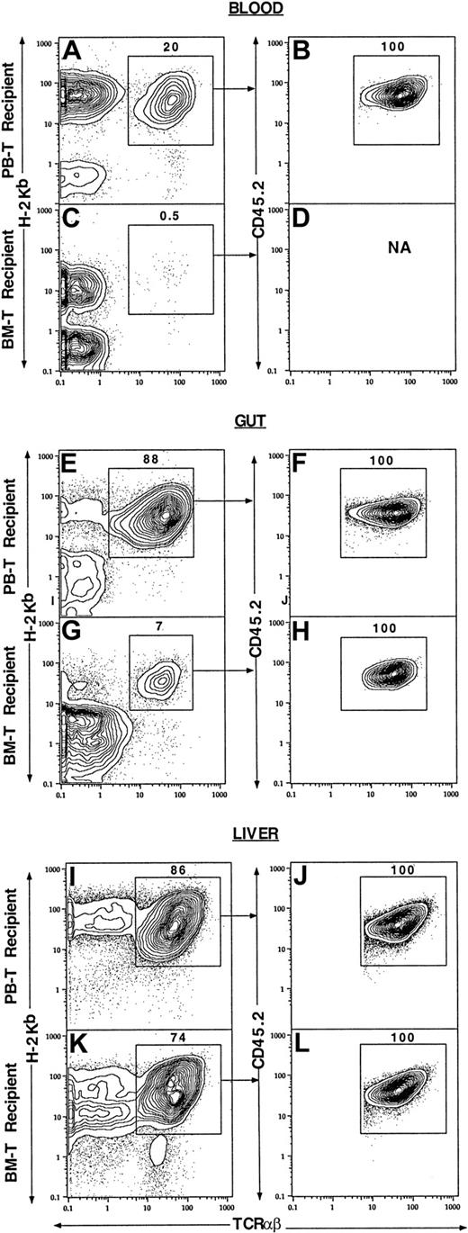 Fig. 4. Different tissue distributions of PB and BM T cells in the allogeneic recipients at 7 days after BM transplantation. / Lethally irradiated BALB/c recipients (H-2Kd) were injected with 1.5 × 106 donor C57BL/6 (H-2Kb, CD45.1) TCD BM and 500 × 103 PB CD4+/CD8+ or BM CD4+/CD8+ T cells from congenic C57BL/6 (H-2Kb, CD45.2) mice. The mononuclear cells from blood, gut, and liver of the recipients were harvested and stained with anti–H-2Kb, TCRαβ, and CD45.2 mAbs. In the first column, panels A, E, and I show the tissues from the recipients given PB CD4+/CD8+ T cells, and panels C, G, and K show the tissues from the recipients given marrow CD4+/CD8+ T cells. Analyses in panels A, C, E, G, I, and K show TCRαβ versus H-2Kb with TCRαβ+H-2Kb+ cells enclosed in boxes. In the second column, the gated TCRαβ+H2kb+cells were analyzed further for TCRαβ versus CD45.2 in panels B, D, F, H, J, and L. Each panel is representative of 4 recipients.