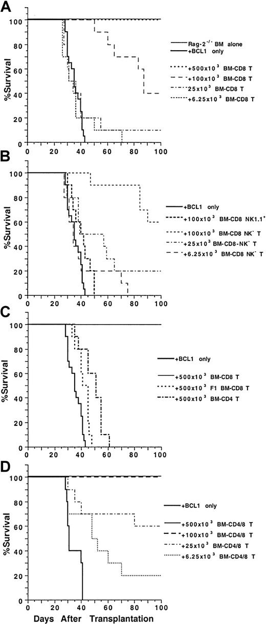 Fig. 5. Ability of BM CD4+ and CD8+ T cells to mediate anti-BCL1 tumor activity. / Graded numbers of sorted C57BL/6 BM CD4+, CD8+, or CD4+/CD8+ T cells were added to a constant number of C57BL/6 Rag-2−/− BM cells (1.5 × 106) and 60 BALB/c BCL1cells and injected intravenously into lethally irradiated BALB/c recipients. Survival over a 100-day observation period is shown for groups of 10 mice. Data are combined from 2 replicate experiments. (A) Graded numbers of BM CD8+ T cells. (B) BM NK1.1+ or NK1.1− CD8+ T cells. (C) C57BL/6 BM CD4+ T cells or BM CD8+ T cells from C57BL/6xBALB/c F1 mice. (D) Graded numbers of BM CD4+/CD8+ T cells.