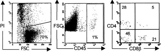 Fig. 1. Human thymus repopulation in NOD/SCID mice. / Conditioning refers to radiotherapy only. Typical phenotypic profile of a poorly reconstituted thymus of NOD/SCID mice injected with CD3-depleted UCB 12 to 15 weeks earlier. Gates were set on viable human CD45+ cells.26