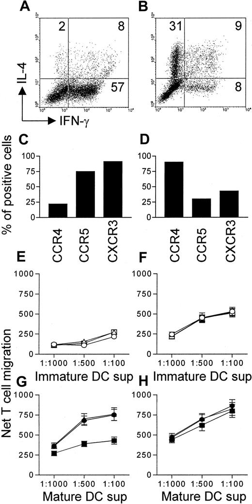 Fig. 6. ATP inhibits the capacity of mature DCs to attract type 1 but not type 2 polarized T-cell lines. / Polarized type 1 and type 2 T-cell lines were obtained from PBMCs stimulated with PHA in the presence of rhu IL-12 and anti–IL-4 mAb or rhu IL-4 and anti–IL-12 mAb, respectively. Cells were cultured for 10 to 14 days in the presence of 30 U/mL IL-2 and then examined for intracellular IFN-γ and IL-4 by flow cytometry after 6 hours of incubation with plate-bound anti-CD3 and soluble anti-CD28 mAbs to assess polarization (A,B). Expression of the chemokine receptors CCR4, CCR5, and CXCR3 was studied by flow cytometry on resting polarized type 1 (C) and type 2 (D) cells. Type 1 (E,G) and type 2 (F,H) T lymphocytes were tested for their migratory capacity to DC-derived supernatants diluted in complete medium and 0.5% BSA. Shown are results with supernatants from immature DCs (E,F) that were either untreated (○) or stimulated with 250 μM ATP (■) or 250 μM UTP (▵) and results with supernatants from DCs treated with 10 μg/mL LPS alone (●), LPS and ATP (▪), or LPS and UTP (▴) (G,H). Data from the migration assays are mean ± SD net migration results from 4 independent experiments using T-cell lines from 2 different donors. In panel G, differences in T-cell migration induced by supernatants from DCs stimulated with LPS alone and from DCs stimulated with LPS and ATP were significant (P < .03) at supernatants dilutions of 1:500 or less.