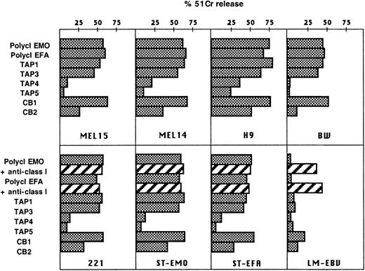 Fig. 4. Cytolytic activity of TAP2−/− NK cells against tumor or EBV-transformed targets. / TAP2−/− polyclonal NK cell populations and clones (TAP1, TAP3, TAP4, TAP5) were assessed for cytotoxicity in comparison with 2 representative clones derived from a healthy donor: CB1 (NCRbright) and CB2 (NCRdull). (upper panels) Effectors cells were analyzed in a cytolytic assay against the indicated tumor target cells (E:T ratio, 4:1). (lower panels) The same effector cells were analyzed against different EBV-transformed B-LCLs, including the HLA class I-negative 721.221 LCL, ST-EMO LCL, ST-EFA LCL, and LM-EBV LCL (derived from a healthy donor) (E:T ratio, 4:1). The TAP2−/− polyclonal NK cells were assessed for cytotoxicity in the absence or in the presence of anti-HLA class I mAb (A6/136 IgM).