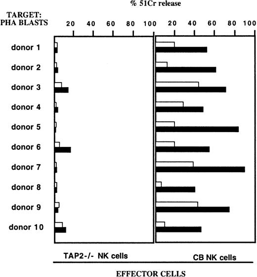 Fig. 6. Cytolytic activity mediated by TAP2−/− NK cells against a panel of allogeneic PHA blasts. / Polyclonal NK cells derived from E.M.O. or from a healthy donor (C.B.) were assessed for cytolytic activity against PHA blasts derived from different donors in the absence (white bars) or in the presence (black bars) of anti-HLA class I mAb. The E:T ratio was 10:1.