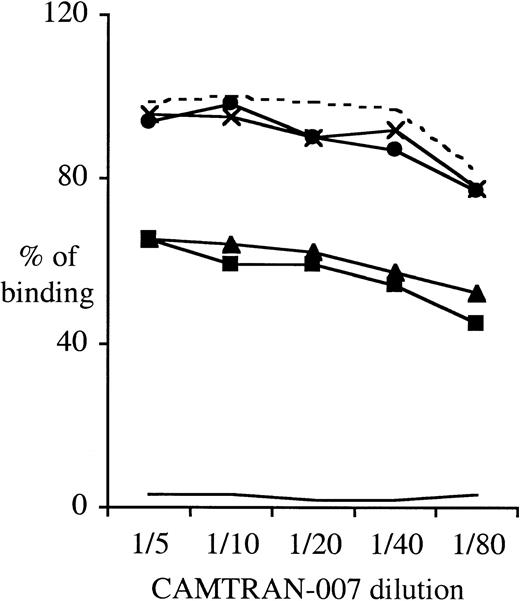 Fig. 7. The Arg93Gln mutation does impair the β3Leu33-specific mAb CAMTRAN-007 binding to β3 integrins expressed in CHO cells. / Adherent CHO cells were detached with EDTA buffer, washed, and directly labeled with the anti-CD61–PE or CAMTRAN-007–FITC for 30 minutes on ice. Cells were washed and analyzed by flow cytometry. To control for the variations in β3 expression between the different cell clones, CAMTRAN-007 binding was normalized to the total β3 integrin expression determined using a β3-integrin–specific mAb (anti-CD61–PE). This ratio, CAMTRAN-007:CD61, was then expressed as a percentage of the ratio obtained for the CHO cell clone A10 with a CAMTRAN-007 dilution of 1:50 (100%). Data are representative of 4 different experiments. Clones as per Figure 6, plus clone A06, CHO-αvβ3Leu33Arg93. - - - indicates A10; ×, A13; ●, A06;___, E05; ▴, Cam12; and ▪, Cam11.