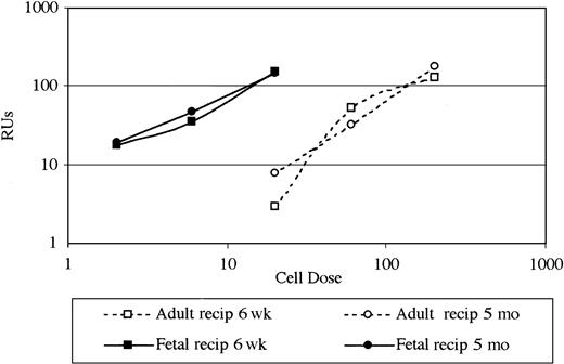 Fig. 1. Fetal liver repopulated 8.2 times as well as adult bone marrow in allogeneic fetal SCID recipients compared with 0.8 in nonirradiated allogeneic adult SCID recipients. / Donor fetal cell dose (× 105) is shown on the x-axis. RUs in FL are shown on the y-axis. RUs are defined as the repopulating ability of 105 BM cells, so RU per 105 BM cells is always 1.0. RUs thus give a quantitative functional measure relative to the constant BM dose. The numbers of RU in FL over a range of FL doses are illustrated in fetal and adult recipients (recip) 6 weeks and 5 months after transplantation by using data from Table 2. RU in FL: RU FL/% FL = RU BM/% BM.