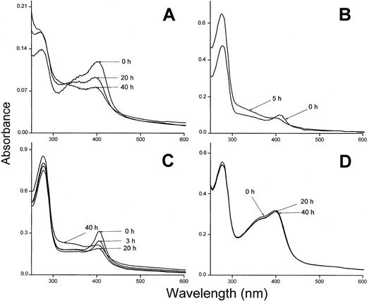 Fig. 8. Spectral analysis of t-α1m after incubation with hemoglobin. / (A) Methemoglobin-Sepharose (75 μM) and t-α1m (3 μM) were incubated in PBS at 37°C for 1 hour. The sample was centrifuged and the absorbance spectrum of the supernatant measured at the indicated time intervals. The spectrum of a control sample (methemoglobin-Sepharose only) was subtracted. (B) Oxyhemoglobin (7 μM) and t-α1m (5 μM) were incubated in PBS at 37°C for 1 hour. The t-α1m was purified by affinity chromatography on a column of monoclonal anti-α1m Affigel, concentrated, and the absorbance spectrum read after 0 and 5 hours. (C) Lysed erythrocytes (original cell volume diluted 1:1) and plasma-α1m (40 μM) were mixed and incubated at 37°C for 3 hours. The t-α1m formed was purified by affinity chromatography on a column of monoclonal anti-α1m Affigel and gel chromatography on Sephacryl S-300, concentrated, and the absorbance spectrum read after the indicated time intervals. (D) Methemoglobin-Sepharose (75 μM) and plasma-α1m (10 μM) were incubated for 1 hour at 37°C. The sample was centrifuged and the absorbance spectrum of the supernatant measured at the indicated time intervals.