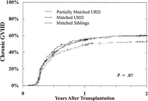 Fig. 3. Cumulative incidence of chronic GVH disease. / Incidence in day +80 survivors after MSD (n = 343), matched (n = 992), or partially matched (n = 241) URD BMT for CP CML. By 2 years, MSD 53% ± 5%, 60% ± 3% matched, and 60% ± 6% partially matched URD developed chronic GVH disease,P = .07.