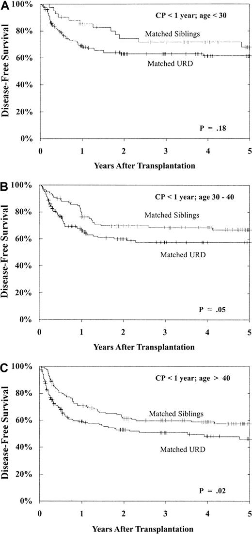Fig. 6. DFS following BMT during CP within 1 year from diagnosis: effect of patient age.