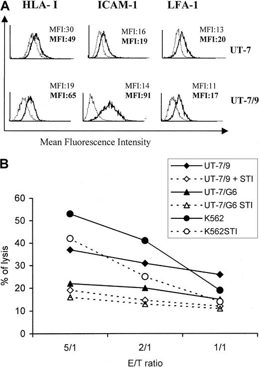 Fig. 4. STI571 modulates the expression of ICAM-1 by UT-7/9 cells and decreases the susceptibility of UT-7/9 targets to dNK cytolysis. / (A) UT-7 and UT-7/9 cells were treated for 48 hours by STI571 (thin lines) and analyzed by cytometry for expression of HLA class I, ICAM-1, and LFA-1. Bold lines indicate untreated cells. (B) K562, UT-7/G6, and UT-7/9 cells were treated by STI571 and used as targets in a cytotoxic assay with dNK cells as effectors. One representative experiment of 4 is shown.