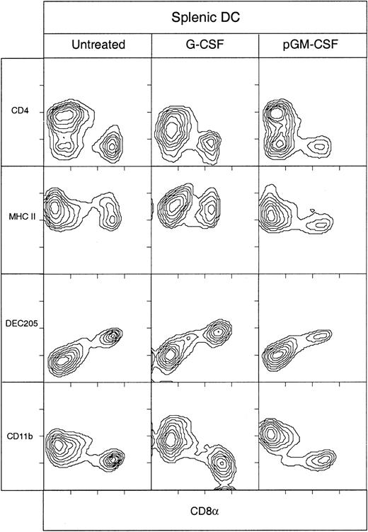 Fig. 4. Phenotype of DCs isolated from mice treated with G-CSF or pGM-CSF. / DCs isolated from spleens of C57BL/6 mice that were either untreated or treated for 10 days with G-CSF (10 μg/day) or for 5 days with pGM-CSF (2 μg/d), were immunofluorescent stained with antibodies directed to typical murine DC markers. The DCs were analyzed by gating on high forward light scatter and high levels of expression of CD11c. Data for each cytokine treatment are representative of 3 experiments that examined pooled splenic DCs from at least 3 mice.