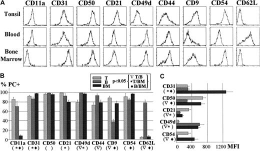 Fig. 4. Compared adhesion molecule expression by tonsil, blood, and BM PCs. / (A) The figure shows a representative example of tonsil (T), blood (B), and BM PC expression of several adhesion molecules (CD11a, CD31, CD50, CD21, CD49d, CD44, CD9, CD54, CD62L). The mean ± SEM of several experiments (n ≥ 5) for each marker expressed as the percentage as shown in part B and as the MFI of positive PCs as shown in part C.
