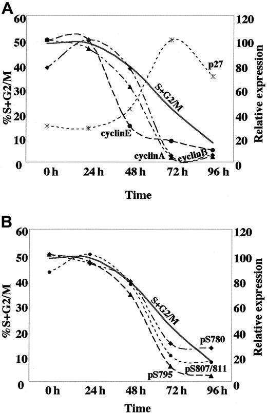 Fig. 7. Kinetics of the expression of cell cycle regulatory proteins and dephosphorylation of pRB, associated with ATRA-induced differentiation. / (A) The temporal changes in protein expression of the indicated cell cycle regulators based on the quantification of Western blot data from Figures 2B and 3B; cyclin A (▴), cyclin B (♦), cyclin E (●), p27 (*). (B) Kinetics of pRb dephosphorylation at specific sites based on the quantification of Western blot data from Figure 4B; Ser780 (♦), Ser795 (▴), Ser807/811 (●). Quantified data are displayed with the peak value for each series arbitrarily set to 100. For cycling cells the actual percentage of cells in the S+G2/M phases of the cell cycle is shown.