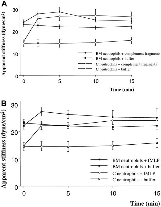 Fig. 1. The effect of complement fragments (A) and fMLP (B) on the apparent stiffness of neutrophils isolated from the BM or the circulating blood. / The apparent stiffness of BM neutrophils before stimulation (time 0) was greater than that of neutrophils in the circulating blood (P < .01). Either complement fragments or fMLP induced an increase in apparent stiffness within 2 minutes (P < .01). n = 5 rats in each group. BM indicates bone marrow; C, circulating.