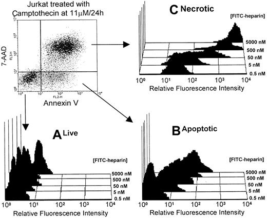 Fig. 2. Flow cytometric analysis of the binding of FITC-heparin to live, apoptotic, and necrotic cells derived from cultured Jurkat T cells. / Jurkat cells were treated with Camptothecin for 24 hours before labeling with FITC-heparin at a range of concentrations (0.5 nM-5000 nM). Cells were washed and labeled with PE–annexin V and 7-AAD, as described in “Materials and methods.” Live, apoptotic, and necrotic cells were discriminated by FACS analysis, and binding at each concentration of FITC-heparin is shown as relative fluorescence intensity on the x-axis (log scale).