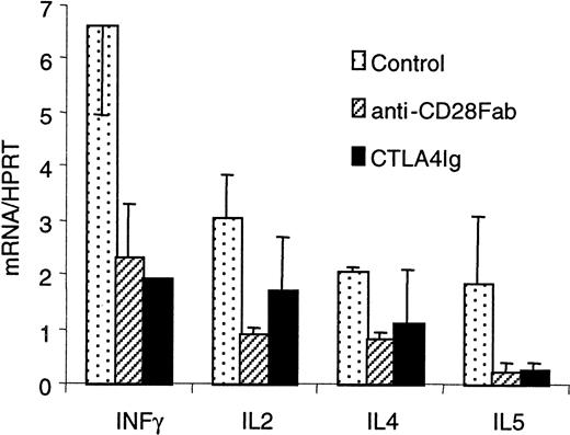Fig. 2. Specific CD28 blockade reduces cytokine production in primary MLR. / Human PBMCs (105) were stimulated with 105allogenic irradiated PBMCs with 10 μg/mL control IgG, anti–human CD28 Fab fragments, or 10 μg/mL CTLA4 immunoglobulin. Total mRNA was extracted from 48 wells after 5 days, retrotranscribed, and analyzed by quantitative polymerase chain reaction. Results (mean ± SD of 3 measurements) are relative numbers of transcripts reported to HPRT.