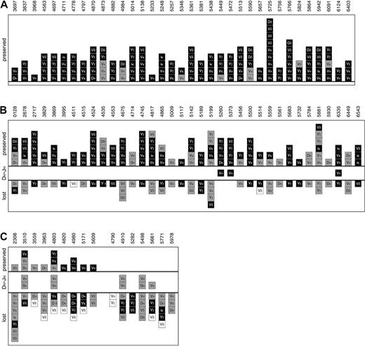 Fig. 4. Ig/TCR gene rearrangement stability patterns in 87 precursor-B–ALL patients subjected to comparative heteroduplex PCR analysis at diagnosis and at relapse. / Black squares represent monoclonal rearrangements; gray squares, biclonal/oligoclonal rearrangements; white squares, oligoclonal/polyclonal rearrangements detectable as weak Southern blot bands. All squares above the upper line represent stable MRD-PCR targets, while all squares below the lower line represent Ig/TCR gene rearrangements lost owing to clonal evolution. VH squares between the 2 lines have common DH-JH stems shared by different IGH rearrangements at diagnosis and at relapse. (A) Thirty-five patients with all PCR-MRD targets identified at diagnosis preserved at relapse; (B) 36 cases with some targets (ranging from one target to half of the targets) lost during disease course; (C) 16 patients with most or all clonal markers absent at relapse. Patient 4790 was not included in our evaluation of MRD-PCR target stability because the detected IGH andTCRG gene rearrangements at diagnosis were oligoclonal.VH indicates VH-JH gene rearrangements;DH, DH-JH gene rearrangements; Vκ, Vκ-Kde gene rearrangements; iκ,intronRSS-Kde gene rearrangements; Vγ, Vγ-Jγ gene rearrangements;Vδ, Vδ2-Dδ3 gene rearrangements; Dδ, Dδ2-Dδ3 gene rearrangements.