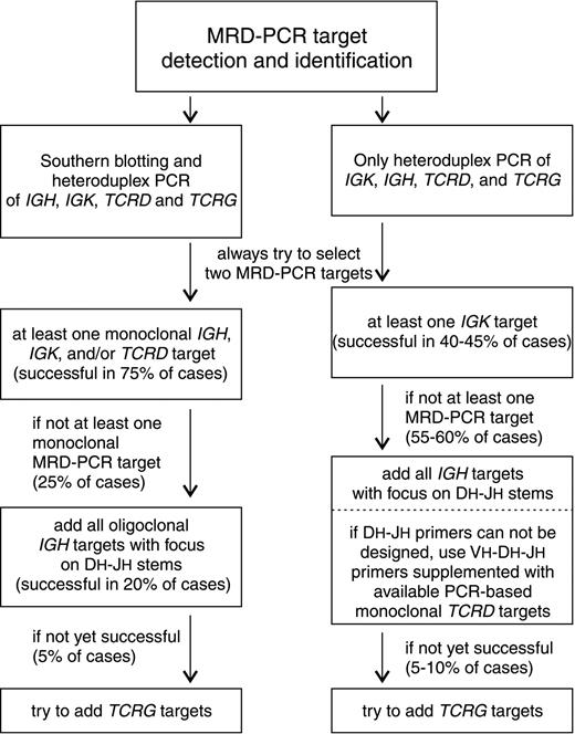 Fig. 5. Flow diagram. / Flow diagram for the stepwise selection of MRD-PCR targets, dependent on the choice of techniques for detection and identification ofIGH, IGK, TCRD, andTCRG gene rearrangements.