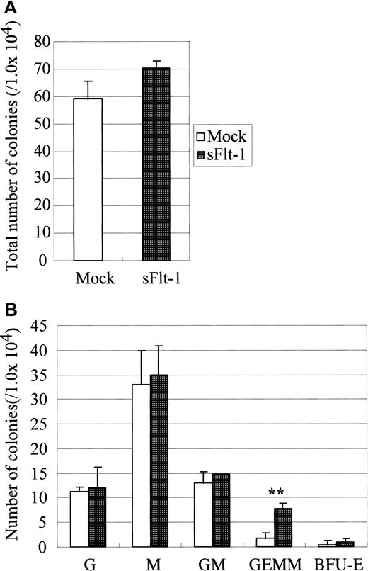 Fig. 5. Effect of soluble Flt-1 on hematopoiesis in AGM culture. / On the second day of culture, sFlt-1 virus was inoculated. On the next day, medium was changed to normal growth medium. Nonadherent cells were harvested after 10 days of incubation and were plated onto methylcellulose culture in the presence of IL-3, IL-6, and EPO. Note that sFlt-1 significantly increased the number of GEMM. Error bar shows standard deviation. Double asterisk indicates P < .01 (Student t test). This experiment was repeated 2 times, and generally the same results were obtained. Virus vectors used are Mock, pMIG vector, sFlt-1, pMIG-sFlt-1.