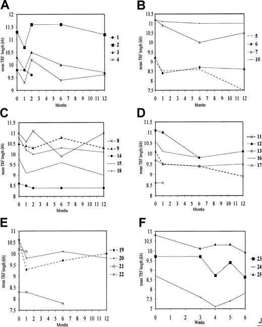 Fig. 5. Changes in mean TRF length in neutrophils of fully engrafted HSCT recipients. / Telomere length in donors is indicated at time zero. (A) R1 to R4. (B) R5 to R7 and R10. (C) R8, R9, R14, R15, and R18. (D) R11 to R13, R16, and R17. (E) R19 to R22. (F) R23 to R25. To facilitate comparison, (A,C) recipients sampled 2 months after HSCT (in addition to other times) are presented together; (F) those sampled on 4 occasions in the first 60 days are shown together. On the basis of analysis of paired control samples, changes in mean TRF length exceeding 270 bp may be regarded as significant. Note that, although telomeres in recipients tended to be shorter than in their respective donors, they were not always so. Many recipients showed marked fluctuations in telomere length over the 12-month period of observation. The timing and extent of these fluctuations appear highly variable and random.