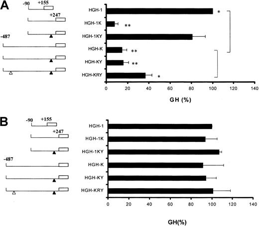 Fig. 6. Mutation of the novel NFY binding element (R) activates the VWF promoter in nonendothelial cells. / A schematic representation of the VWF-HGH plasmids containing the wild-type and mutant VWF promoter fragments is shown in the left. Solid triangles represent the base substitutions of CCG (nucleotides +226 to +228) in the novel NFY binding site. The open triangle represents the base substitution mutation in upstream NF1 binding site. HEK293 (A) and BAE (B) cells were stably transfected with a mixture of each VWF-HGH test plasmid and a plasmid containing the neomycin resistance gene. Transfected cells were continuously grown in presence of neomycin analogue G418 to select for stably transfected cells. Individual colonies of transfected cells were selected and growth hormone expression from each colony was determined and normalized to the cell number. The average level of growth hormone expression from HGH-1 plasmid in BAE and HEK293 cells was 25 ng/mL per 100 000 and 18 ng/mL per 100 000 cells, respectively, and the level of expression from other plasmids is shown as percentages of these levels in each graph. The results shown are the average of 12 to 15 colonies from 2 independent transfections for each plasmid and the error bar represents the standard deviation. The P values were more than .05 for transfections in BAE cells, which demonstrates no statistical significance in level of expressions from various plasmids in this cell type. The P values were less than .01 where indicated by double asterisk for transfection in HEK293. The bracket in graph A represents the plasmid activities that were compared for statistical analysis.