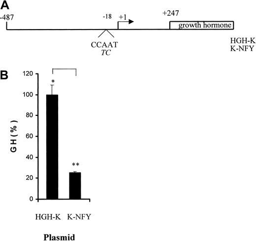 Fig. 7. Reduction of VWF promoter activity by mutation of the CCAAT element. / (A) A schematic representation of the plasmids HGH-K and K-NFY, with the base substitutions in the CCAAT element shown in italics. (B) BAE cells were stably transfected with a mixture of each VWF-HGH test plasmid and a plasmid containing the neomycin resistance gene. Transfected cells were continuously grown in the presence of the neomycin analogue G418 to select for stably transfected cells, and cells in the culture dish were allowed to reach confluency to obtain a heterogeneous population of stably transfected cells. Growth hormone expression from confluent plates was determined and normalized to the cell number. The results shown are the average of 2 independent transfections for each plasmid and the error bar represents the standard deviation. The statistical analysis demonstrated that theP value was less than .01. The average level of growth hormone expression from HGH-K plasmid in heterogeneous cell populations was determined to be 60 ng/mL per 100 000 cells.