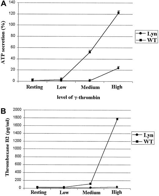 Fig. 5. Secretion of ATP and TxA2 in response to γ-thrombin is greatly diminished in Lyn-deficient platelets. / ATP secretion was measured by luminescence detection at a setting of 0.001X with the addition of 10 μL CHRONO-LUME reagent after the completion of aggregation and expressed as percent secretion. Because TxA2 has a half-life of 37 seconds and is rapidly converted to the stable product TxB2, TxA2 was measured as TxB2. Lyn-deficient platelets did not secrete ATP (A) or generate TxA2 (B) in response to a medium concentration of γ-thrombin. ATP secretion and TxA2 production were greatly diminished in response to high concentrations of γ-thrombin, though Lyn-deficient and wild-type platelets aggregated similarly.
