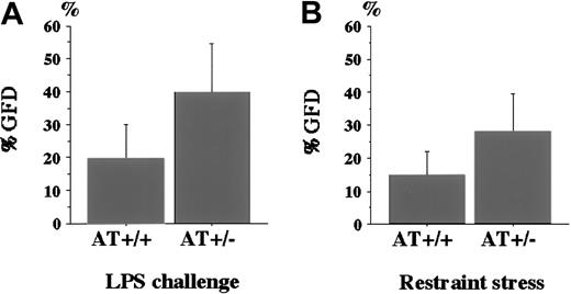 Fig. 3. Percentage of glomeruli with fibrin deposition (%GFD) in AT+/+ and AT+/− mice. / (A) The %GFD of AT+/+ mice and AT+/− mice after LPS challenge. LPS was intraperitoneally injected into mice as described in “Materials and methods.” After 4 hours, kidney specimens were subjected to immunohistochemical analysis as described in the legend to Figure 2. The %GFD was significantly higher inAT+/− mice than in AT+/+ mice (n = 12,P < .01). (B) The %GFD of AT+/+ mice andAT+/− mice after exposure to restraint stress. Mice were placed in 50-mL tubes for 20 hours with appropriate water and air supply. The %GFD was significantly higher in AT+/− mice than in AT+/+ mice (n = 8; P < .05). Values are means ± SD.