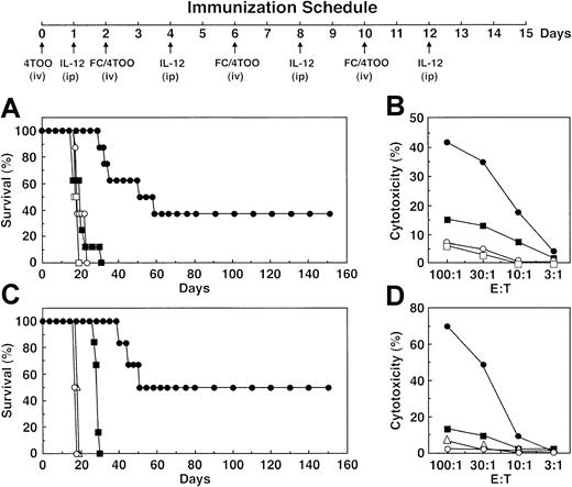 Fig. 5. Treatment of 4TOO plasmacytoma with FC/4TOO vaccination and IL-12. / Immunization schedule for the intravenous injection of 4TOO and FC/4TOO cells combined with intraperitoneal administration of IL-12. (A) Balb/c mice (10 per group) were injected intravenously with 1 × 106 4TOO cells on day 0 and then treated with IL-12 (500 ng/dose) and FC/4TOO cells (●) as outlined in the schedule. The mice were also treated with 1 × 106 irradiated 4TOO cells (□), FC/4TOO (■), or IL-12 (○; 500 ng/dose) alone. (B) Splenocytes from mice treated as described in (A) were harvested on day 16. The T cells were purified by nylon wool column and incubated with 4TOO targets at the indicated ratios. CTL activity was determined by the 51Cr release assay. (C) Balb/c mice (10 per group) were injected with 1 × 106 4TOO cells on day 0 and then treated with IL-12 (200 μg/dose) and FC/4TOO cells (●). Mice treated with 1 × 106 irradiated 4TOO (▵), FC/4TOO cells (■), or IL-12 alone (○; 200 ng/dose) were used as controls. (D) Splenocytes from mice treated as described in (C) were isolated on day 16 and incubated with 4TOO targets at the indicated ratios. CTL activity was determined by the 51Cr release assay. Similar results were obtained in 2 separate experiments.