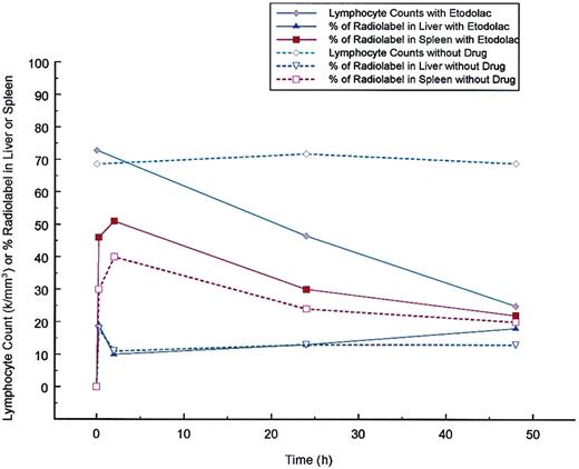 Fig. 2. Effect of etodolac on the clearance of Indium 111 labeled patient leukocytes. / Two experiments are superimposed. One experiment without drug begun on March 21, 2000 and one with etodolac extended release administered 400 mg twice a day beginning at 7:30 am after blood collection for radiolabeling on November 8, 1999 and continued for 48 hours. Patient leukocytes were Indium 111 labeled according to supplier's instructions (Mediphysics, Amersham Healthcare, Arlington Heights, IL). Radiolabeled material left in the syringe after injection into the patient was submitted to the clinical laboratory at Scottsdale Healthcare Shea, Scottsdale, AZ for manual WBC differential counting. For the study of November 8, 1999 the radiolabeled cells were 100% lymphocytes and for the study of March 21, 2000, 67% were lymphocytes, 29% neutrophils, 3% eosinophils, and 1% bands. Indium-labeled patient leukocytes were injected at 11 am in both experiments. Total body WBC scans were performed in the Department of Radiology at Scottsdale Healthcare Shea using an ADAC Vertex Plus gamma camera (Milpitos, CA) under the supervision of Ronald Korn. The same camera was used for both studies. Scans were taken at 15 minutes, 2 hours, 24 hours, and 48 hours after injections and the percent of counts in the liver and spleen after background subtraction were determined at each time point. As the lymphocyte count dropped in response to etodolac administration, the percent of radiolabel in the spleen was increased in comparison to the percent of radiolabel in the spleen found without drug. No significant change in the percent of radiolabel in the liver was found with etodolac administration.