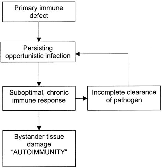 Fig. 1. Common mechanism of autoimmunity in several primary immunodeficiency diseases.