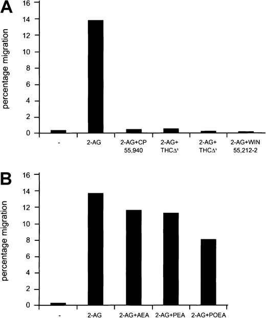 Fig. 5. Effect of endocannabinoids and natural and synthetic cannabinoid ligands on the 2-AG–induced mobilization of cells. / (A) Cb2-transfected 32D/G-CSF-R cells were exposed to 2-AG or 2-AG plus CP55940, δ9THC, δ8THC, or WIN55212-2 in a chemotactic experiment. Y-axis shows percentage of migration from an input of 2 × 105 cells. (B) Cb2-transfected 32D/G-CSF-R cells were placed in the upper well, and migration medium containing 2-AG or 2-AG in combination with AEA, PEA, and POEA was added to the lower chamber. Y-axis shows percentage of migration from an input of 2 × 105 cells.