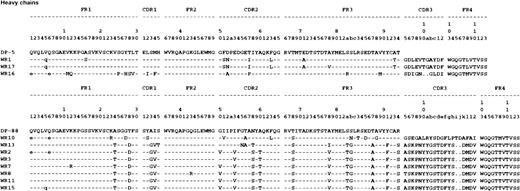 Fig. 1. Deduced protein sequences of scFv that bind to the C2 domain. / Sequence numbering is according to Kabat et al.26Sequences are available from GenBank under accession numbers AY050689(VHWR1), AY050690 (VHWR10), AY050691 (VLWR10), AY050692 (WR11),AY050693 (VLWR11), AY050694 (VHWR13), AY050695 (VHWR14), AY050696(VHWR15), AY050697 (VLWR15), AY050698 (VHWR16), AY050699 (VLWR16),AY050700 (VHWR17), AY050701 (VLWR17), AY050702 (VHWR19), AY050703(VLWR1), AY050704 (VHWR2), AY050705 (VHWR20), AY050706 (VHWR3),AY050707 (VLWR3), AY050708 (VHWR7), AY050709 (VHWR8), AY050710(VLWR10), AY050711 (VHWR9), and AY050712 (VLWR9). FR indicates framework region; dashes, sequence identity to germline. Amino acid substitutions most likely introduced by the use of VH gene family–specific oligonucleotide primers during amplification of VH repertoires are indicated in lowercase.