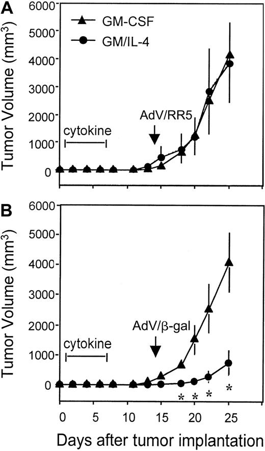 Fig. 8. Systemic rGM-CSF/rIL-4 enhanced the response to an adenoviral-based vaccine and led to antigen-specific retardation in tumor growth. / Mice were inoculated subcutaneously in the flank with 1 × 105 E-22 mouse thymoma cells that expressed theLacZ gene. Twenty-four hours later, osmotic pumps were implanted to deliver 7-day administration of either saline, rGM-CSF, or the combination of rGM-CSF/rIL-4 (10 μg each cytokine per day). Fourteen days after tumor inoculation, mice were immunized by intraperitoneal injection with 1 × 108 PFU of an adenoviral vector expressing either the LacZ transgene (ADV/β-gal) (B) or no transgene (AdV/RR5) (A). Tumor sizes (mm3) were measured twice a week, and data were presented as mean tumor size ± SE for 5 mice per group. *P < .05 compared with mice treated with either saline (not shown) or rGM-CSF. Tumor growth in mice treated with saline (not shown) was identical to that in mice receiving rGM-CSF. Representative experiment (n = 2).