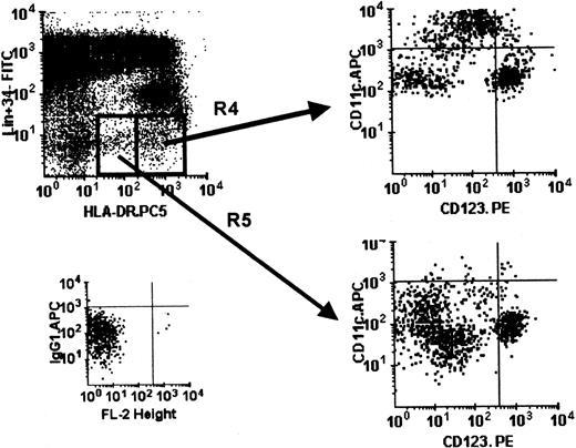 Fig. 4. Differential HLA-DR expression in DCs within cultured PBMCs. / Using 4-color immunostaining, the Lin−HLA-DRhi (R4) and Lin− HLA-DRlo(R5) cells in cultured PBMCs (day 1) were analyzed with respect to the composition of the DC subsets (CD11c+ and CD123+). Isotype control for APC is shown. This pattern is representative of PBMCs cultured for up to 3 days in 3 separate experiments.