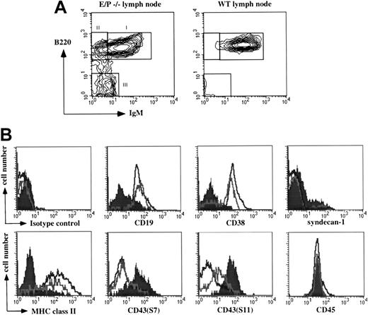 Fig. 1. Expression of lineage markers within the expanded E/P−/− lymph node B cell compartment. / (A) Non-B (CD5+/Mac-1+) cells were depleted from E/P−/− and control cervical lymph nodes as described in “Materials and methods.” Examination of B220 and surface IgM expression by flow cytometry revealed 3 distinct B-cell populations present in E/P−/− lymph nodes (indicated as I, II, and III), but only the normal IgM+ B cells in wild-type lymph nodes. (B) Three-color flow cytometry analysis was performed to further characterize the 3 E/P−/− B-cell populations. The histograms show expression of CD19, CD38, syndecan-1, MHC class II, CD43 (S7), CD43 (S11), CD45, and an isotype control antibody on population I (black line), population II (gray line), and population III (filled). A representative experiment of at least 6 is shown. Fourteen total experiments examined syndecan-1 expression of population III cells resulting in an overall mean of 42.5% ± 25.9% positive. One representative experiment is shown.
