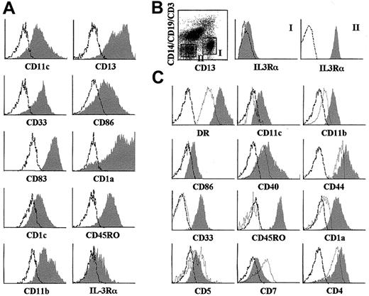 Fig. 1. Phenotype of DCs derived in vitro from CD34hiCD33lo intrathymic precursors or resident in vivo in the human postnatal thymus. / (A) Representative flow cytometry profile of DCs derived by day 10 from sorted CD34hiCD33lo human thymic precursors set up in multicytokine-supported cultures (shaded histograms). (B) Identification of 2 distinct subsets of DCs resident in the human postnatal thymus based on reciprocal expression of CD13 and IL-3Rα. Electronic gates were set on sorted HLA-DR+ large-sized thymocytes as shown in the biparametric plot, and then IL-3Rα expression was analyzed on gated Lin−CD13+(gate I) or Lin−CD13−(gate II) cells (shaded monoparametric histograms). (C) Representative flow cytometry profile of Lin−CD13+ IL-3Rα− (shaded histograms) or Lin−CD13−IL-3Rα+ (unshaded histograms) HLA- DR+ thymic DCs gated as shown in (B). Background fluorescence (unshaded histograms in A and B, and dashed histograms in C) was determined with isotype-matched irrelevant MoAbs.
