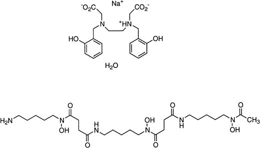 Fig. 1. Structures of the iron chelators chosen for evaluation. / N,N′-bis(2-hydroxybenzyl)ethylenediamine-N, N′-diacetic acid monosodium salt (NaHBED, top), and deferoxamine B (DFO, bottom).
