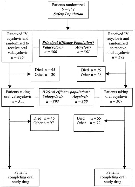 Fig. 1. Patients recruited into the study. / *Patients excluded from these efficacy populations for reasons outlined in “Statistical methods: analysis populations.”